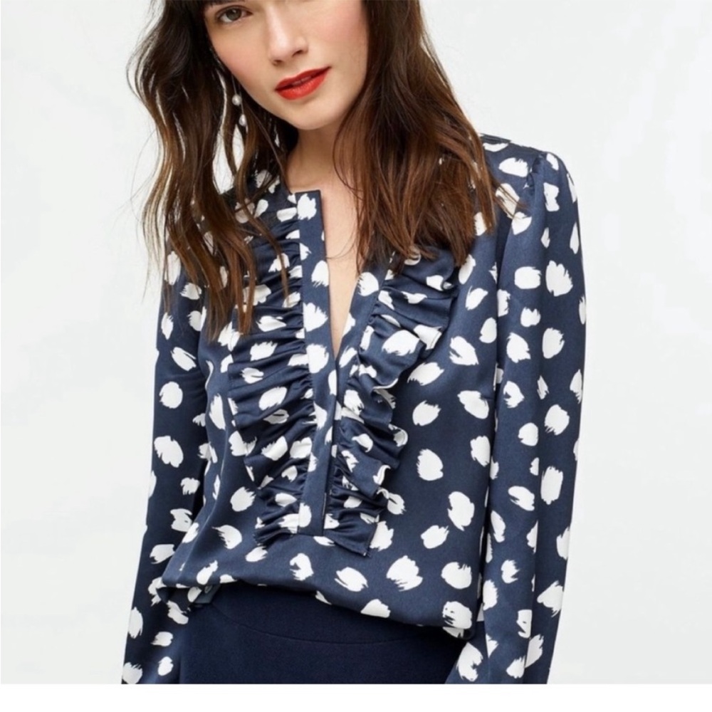 J. Crew Long Sleeve Ruffle Front Navy and White Brushstroke Print Blouse Large - Picture 1 of 10